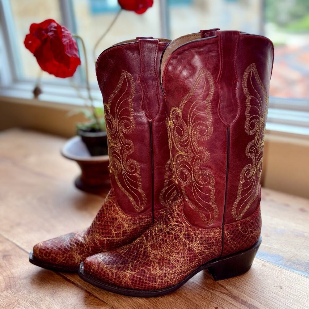 Ferrini Red & Gold Leather Cowboy Boots Western Snip Toe Women’s Size 7 B - EUC